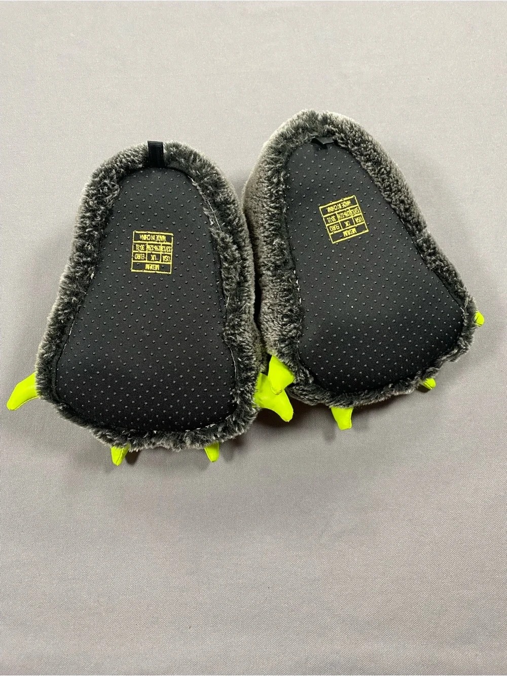 Falls Creek Kids Plush Monster Paw Slippers — Gray with Neon Green Claws